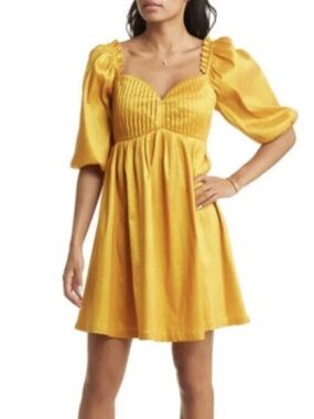 VICI Satin Yellow Puff Sleeve Babydoll Short Dress Smocked Back Lined Women XL